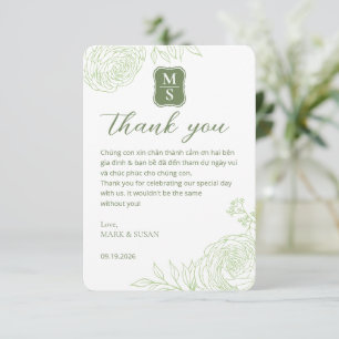 Cartão de Agradecimento Verde Casamento Vietnamita