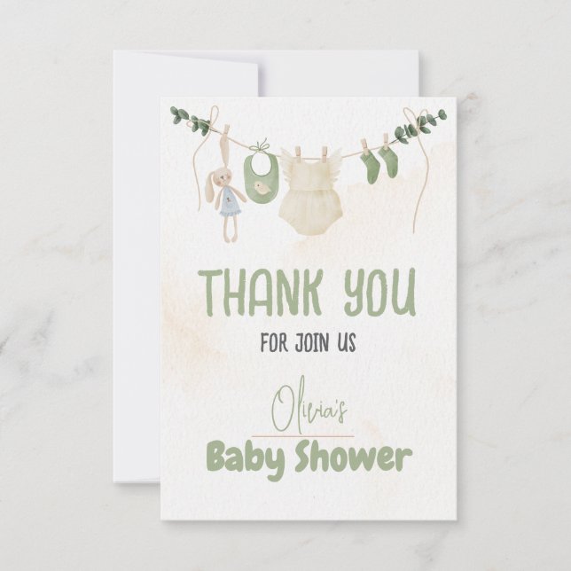 Cartão De Agradecimento Verde e bege Delicado Aquarela Bebê Floral Sh (Frente)