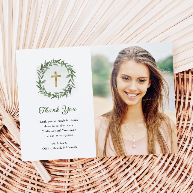 Cartão De Agradecimento Verde e Cruz Dourada | Confirmação de Foto (Criador carregado)