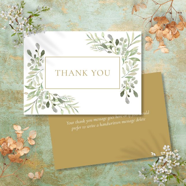 Cartão De Agradecimento Verde Elegante Clássico Moderno Dourado (Modern Classic Elegant Greenery Gold Thank You Card)