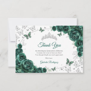 Cartão De Agradecimento Verde Esmeralda Floral Prata Quinceanera