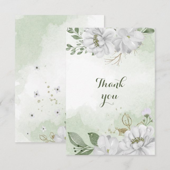 Cartão De Agradecimento verde-flores brancas (Frente/Verso)