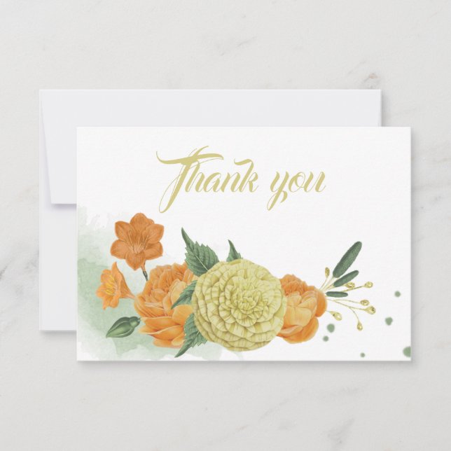 Cartão De Agradecimento verde-flores de laranja-amarelo (Frente)
