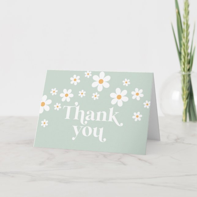 Cartão de agradecimento verde Retro Daisy boho (Frente)