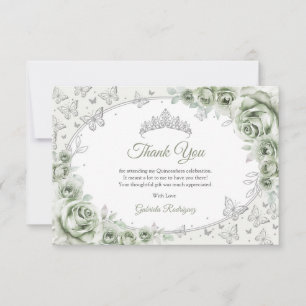 Cartão De Agradecimento Verde Salvia Prata Floral Quinceanera