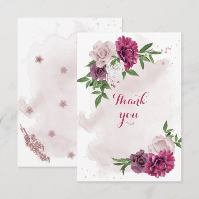 Cartão De Agradecimento verde-verde-flores-mauve-rosa (Frente/Verso)