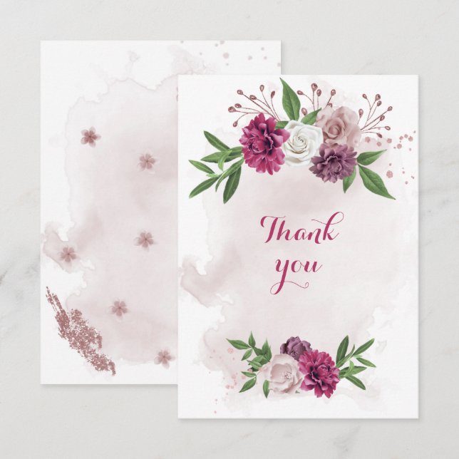 Cartão De Agradecimento verde-verde-flores-mauve-rosa (Frente/Verso)