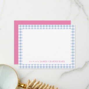 Cartão De Agradecimento Verificação de Gingham Azul com Cor-de-Rosa da M