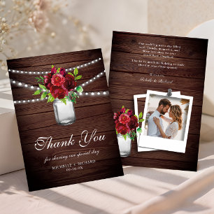 Cartão De Agradecimento Vermelho Borgonha Floral Madeira Foto de Casamento