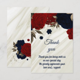 Cartão De Agradecimento vermelho e floral de mármore azul-marinho