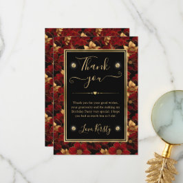 Cartão De Agradecimento Vermelho Preto e Dourado Mármore Floral Aniversári