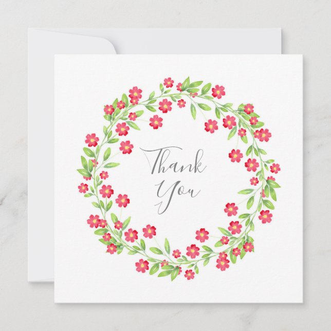 Cartão De Agradecimento Vermelho Watercolor Floral Wreath (Frente)
