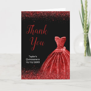 Cartão De Agradecimento Vermelhos Brilhantes Faux Glitter Quinceanera