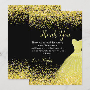 Cartão De Agradecimento Vestido Amarelo Brilhante Quinceanera Brilho Falso