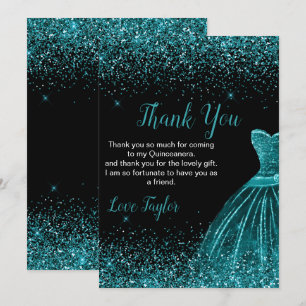 Cartão De Agradecimento Vestido Azul Teal de Quinceanera Brilho Falso