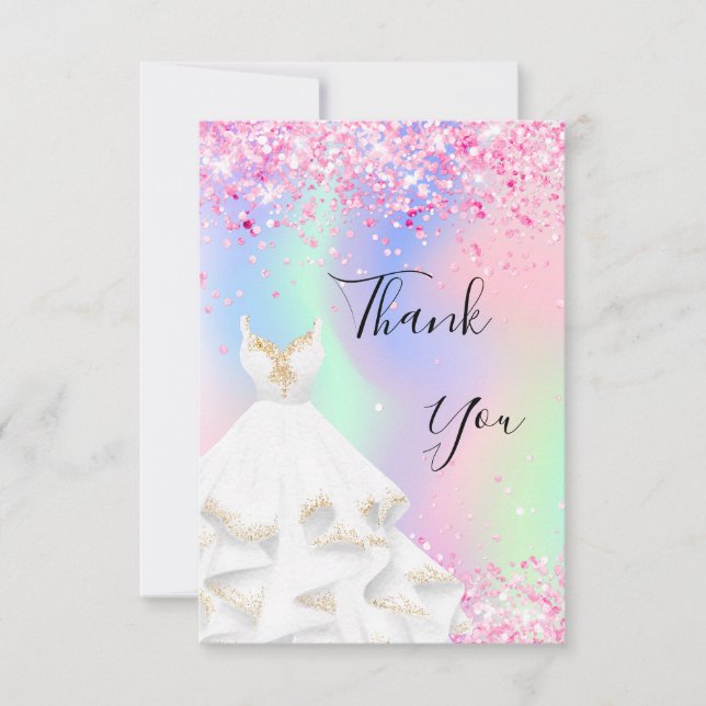 Cartão De Agradecimento Vestido branco rosa holográfico (Frente)