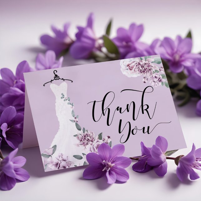 Cartão De Agradecimento Vestido De Casamento Floral Púrpura De Aquarela El (Elegant Watercolor Purple Floral Wedding Dress Thank You Card)