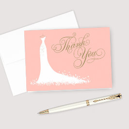 Cartão De Agradecimento Vestido de Noiva Elegante Bege e Dourado Chuveiro 