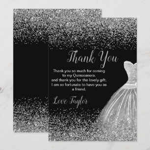 Cartão De Agradecimento Vestido de Prata Quinceanera Brilho Falso