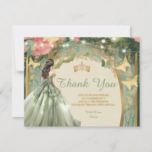 Cartão De Agradecimento Vestido de Princesa Verde Salvia Floresta Dourada
