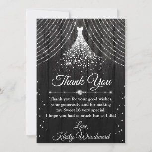 Cartão De Agradecimento Vestido de Sweet 16 de Prata e Diamante Preto