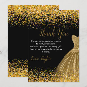 Cartão De Agradecimento Vestido Dourado de Quinceanera Brilho Falso