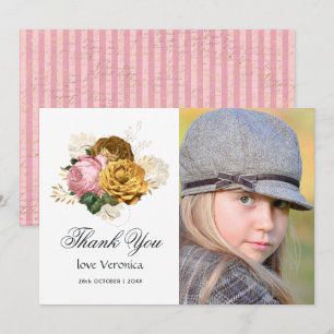 Cartão De Agradecimento Vestido Rosa Velho e Floral Dourado Quinceañera