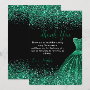 Cartão De Agradecimento Vestido Verde Escuro de Quinceanera com Brilho Fal