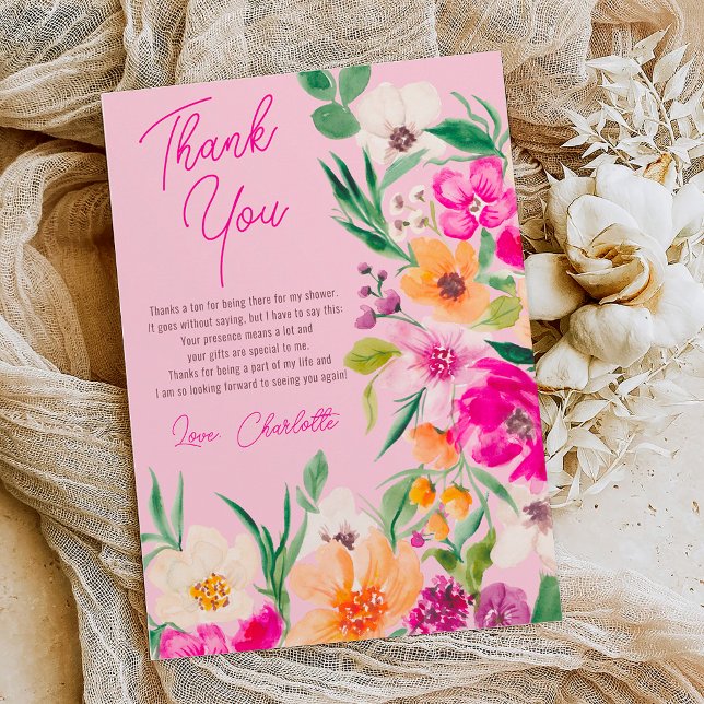 Cartão De Agradecimento Vibrantes flores silvestres brilhantes script chá  (Bright bold wild flowers script bridal shower thank you card on pastel pink)