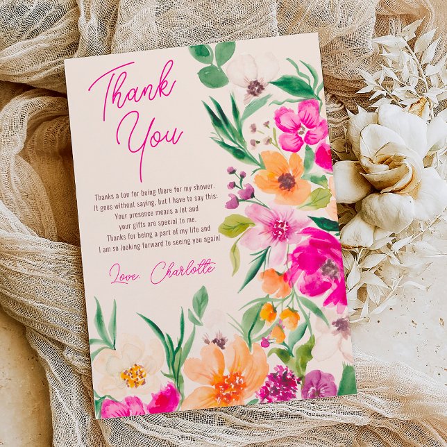 Cartão De Agradecimento Vibrantes flores silvestres script chá de noiva (Bright bold wild flowers script bridal shower thank you card on ivory beige)