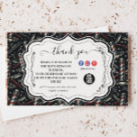 Cartão De Agradecimento Vintage Barbershop Tools Pattern<br><div class="desc">A bold vintage barbershop design featuring a classic pattern of barber poles, scissors, razors, combs, and grooming tools set against a deep charcoal background. The detailed illustration style creates a timeless barbershop aesthetic with subtle red, blue, and metallic accents that instantly evoke traditional grooming culture. At the center, a refined...</div>