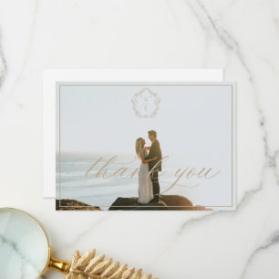 Cartão De Agradecimento Vintage Beige Crest Monograma Foto de Casamento