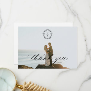 Cartão De Agradecimento Vintage Black Crest Monograma Foto de Casamento