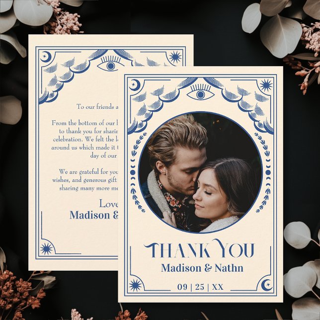 Cartão De Agradecimento Vintage Blue Tarot Card Foto: Casamento Obrigado (Criador carregado)