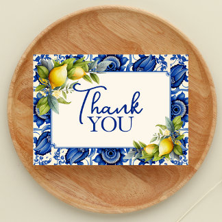 Cartão De Agradecimento Vintage Blue Tile Yellow Lemons 