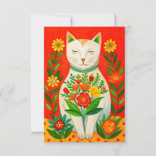 Cartão De Agradecimento Vintage Cat and Flowers