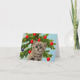 Cartão De Agradecimento Vintage Cat e Árvore de Natal