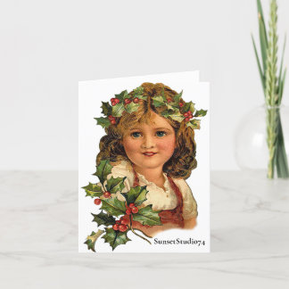 Cartão De Agradecimento Vintage Christmas Holly Girl - Victorian Art
