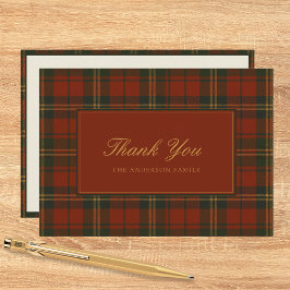 Cartão De Agradecimento Vintage Christmas Plaid Classic Family Name Flat