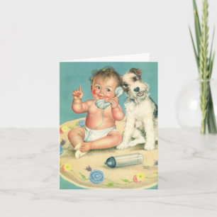 Cartão De Agradecimento Vintage Cute Baby on Phone Puppy Dog Obrigado