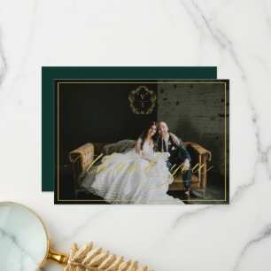Cartão De Agradecimento Vintage Dourado Crest Monograma Foto de Casamento