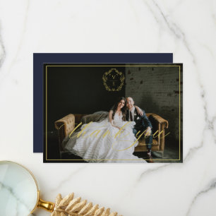 Cartão De Agradecimento Vintage Dourado Crest Monograma Foto de Casamento