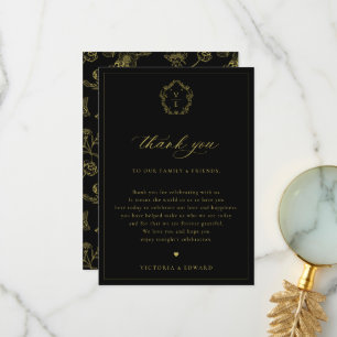 Cartão De Agradecimento Vintage Dourado Crest Recepção de casamento Preta