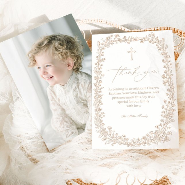 Cartão De Agradecimento Vintage Floral Toile Baptism (Criador carregado)