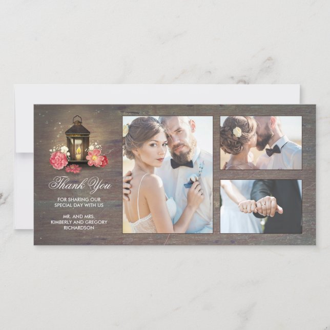 Cartão De Agradecimento Vintage Lanterna Rustic Floral Wood Casamento (Frente)