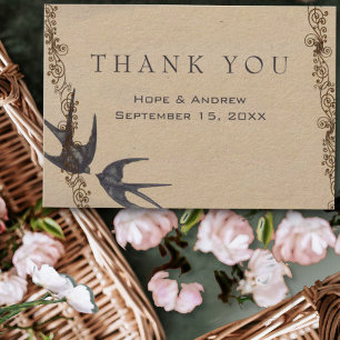 Cartão De Agradecimento Vintage Love Bird Marinho Weding Obrigado