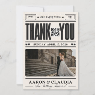 Cartão De Agradecimento Vintage Newspaper Wedding Thank You Card with QR