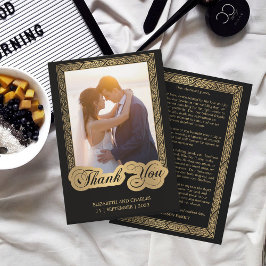 Cartão De Agradecimento Vintage Script Black and gold Wedto Photo