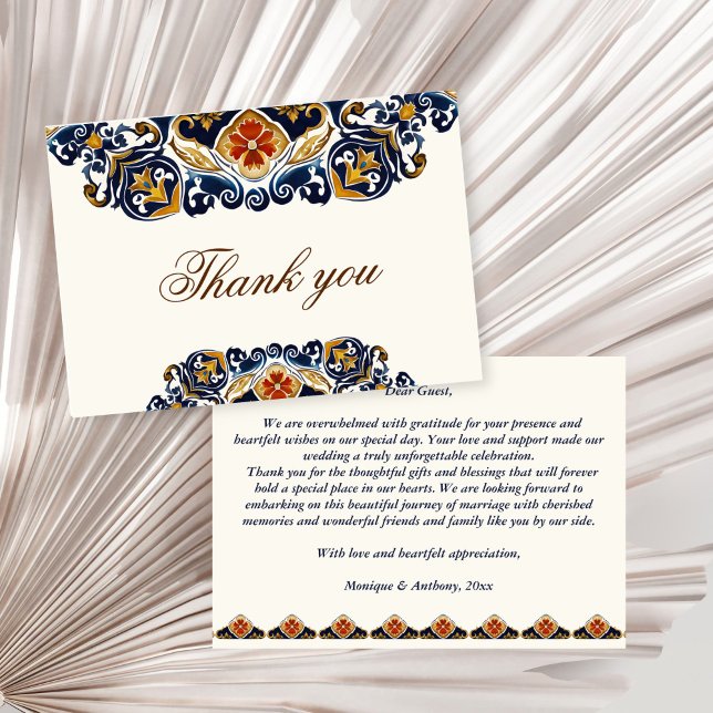 Cartão De Agradecimento Vintage Talavera Azulejo azulejos Azulejo (Vintage Talavera Azulejo blue tiles Mexican Spanish wedding Thank You Cards elegant ornate cards)
