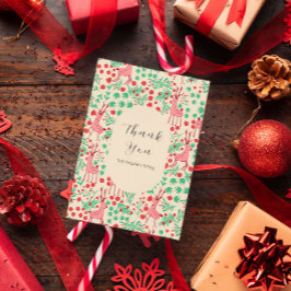 Cartão De Agradecimento Vintage Whimsical Pink Reindeer, Christmas Pattern